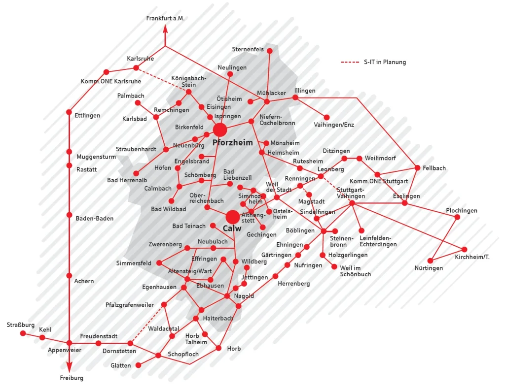 Map of the glasfibre network of the Sparkassen-IT with its most prominent cities - Glasfasernetz